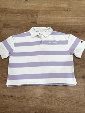 Champion rugby style crop Lavender & White Striped Polo Shirt | Medium